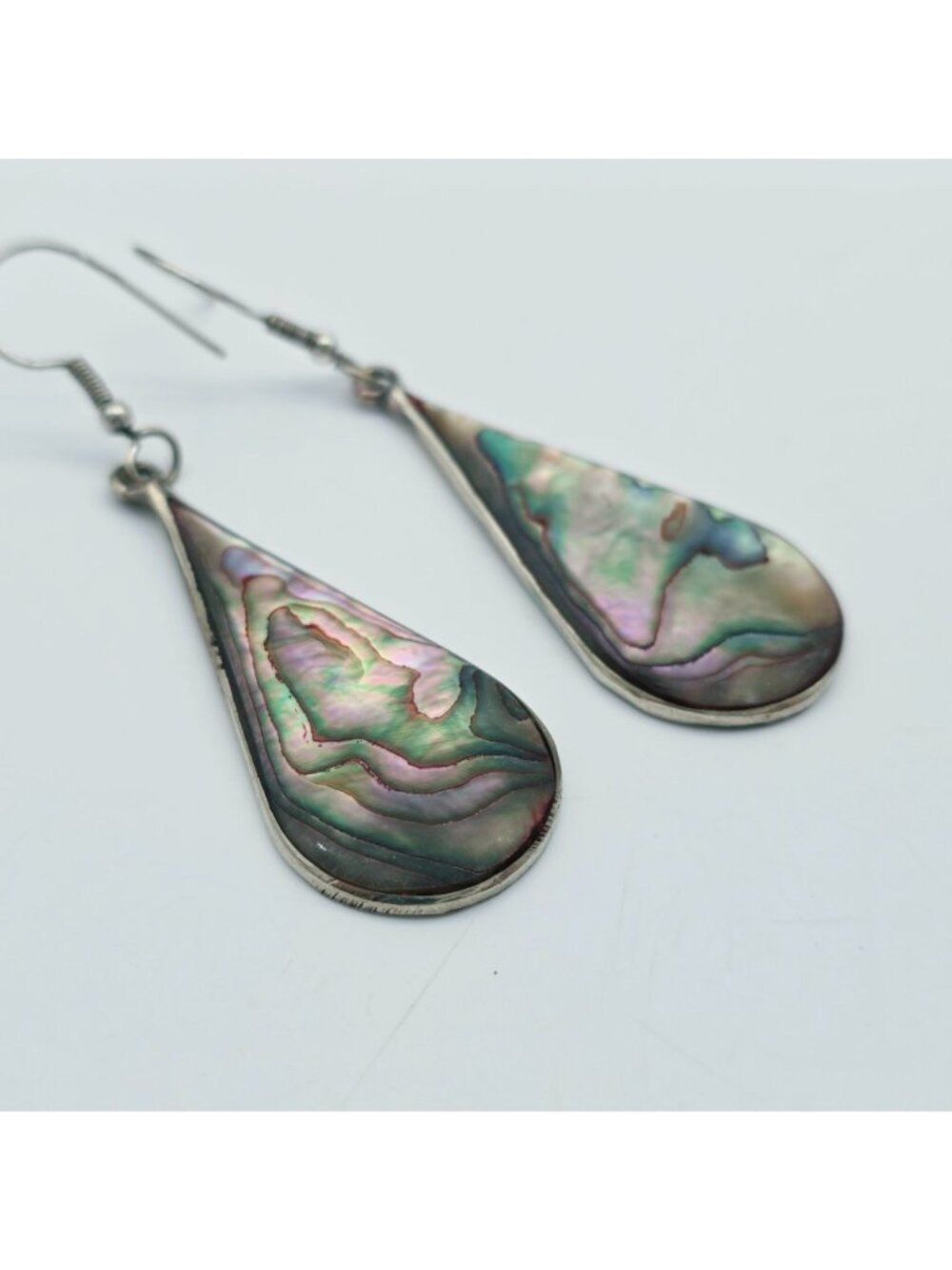 Sterling Silver Abalone Shell Teardrop Dangle Earrings Handmade 925 Stamped - Picture 2 of 5